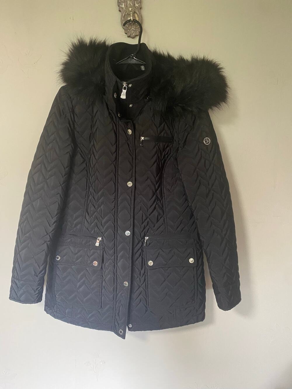 Calvin Klein Black Diamond Quilted Full Zip Faux Fur Hood Winter Jacket Medium